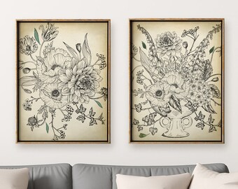 Botanical Line Art Print Set: Vintage Flower Outline, Giclée Art