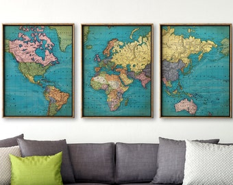 Vintage World Map Print Set of 3: Old School Triptych Wall Art