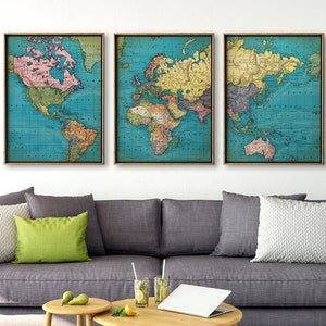 WORLD MAP Print SET of 3, Wall Triptych, Room Decor, World Map, Poster Wall Art, Old School Vintage Style Map, Fast Track Shipping