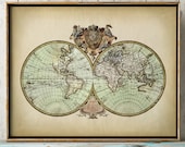 WORLD MAP PRINT, earth hemispheres print, World map poster, World map, spherical world map, scientific illustration, historical