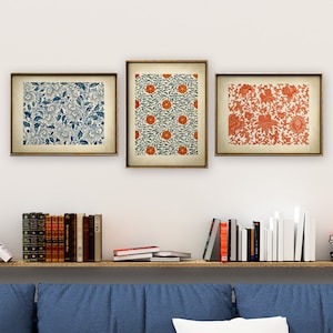 ARTE GRÁFICO CHINO Conjunto de impresión de 3 impresiones, elegante cartel de diseño chino floral azul y naranja, patrón floral de dibujo chino, arte chino
