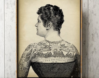 Tattooed Woman Art Print: Vintage Style Tattoo Wall Decor