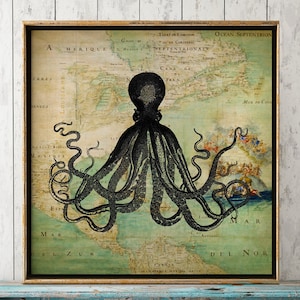 Affiche de pieuvre sur carte, pieuvre en impression carte, carte de la mer, impression de pieuvre, art mural marin, décoration de plage, décoration murale, expédition rapide