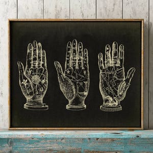 Stampa CHIROMANZIA, Poster artistico di chiromanzia su nero, Stampa di chiromanzia, Arte murale di cartomanzia, Arte della lettura della mano, Arti antiche, decorazioni autunnali