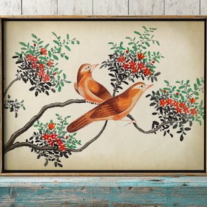 Impresión de arte de pájaros cantores japoneses, cartel de dos pájaros en una rama de flor, arte de aves japonés clásico elegante, arte de pared de estilo vintage vía rápida