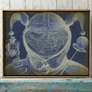Stampa MAPPA DEL MONDO in blu invecchiato, The Fool Head, Mappa del vecchio mondo, Mappa della vecchia scuola, Poster della mappa del mondo, Decorazione della parete Spedizione rapida