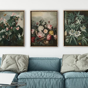 BOTANIK Print SET von 3, Dunkle Blumen Galeriewand, Vintage Blumen Poster, dunkle Ästhetik, Passionsblume, Begonien, Rosen