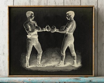 BOXING POSTER art print on black background, male sport wall art, vintage Boxing art, Victorian men fighting in black and white,