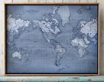WORLD MAP Print in blue, World Chart, Astronomy Print, Old School Map, World Map Poster, Wall Decor Fast Track Shipping