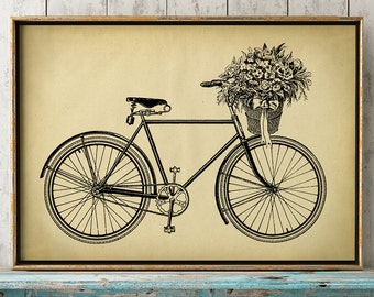 Girl bike print, bike room decor, bike wall art, bike print, bike poster, bicycle with basket of flowers, cyclist art Fast Track Shipping