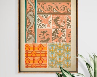Art Nouveau Nature Motifs Pattern Print, Seahorse, Animals,  Decorative Pattern, Birds, Lizards, Butterflies, Graphic Art, Vintage Style