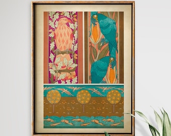Art Nouveau Animal and Botanical Print, Eagle and Parrot Decorative Arts Print, Graphic Art Poster, Ornamental Design, Vintage Style Pattern