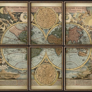 Stampa mappa del MONDO SET di 6 stampe d'arte, set di poster con mappa del mondo splendidamente illustrata in stile antico, mosaico artistico da parete, spedizione rapida