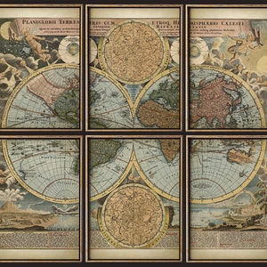 WORLD map print SET of 6 Art Prints, Antique Style Beautifully Illustrated World Map Poster Set Wall Art Mosaic, Fast Track Shipping