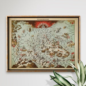 Polar Regions Map Art Print, North Pole,Map Poster, Arctic Map, Wintery, Illustrated Map, Ice Glaciers, Mountains Vintage Style Map,