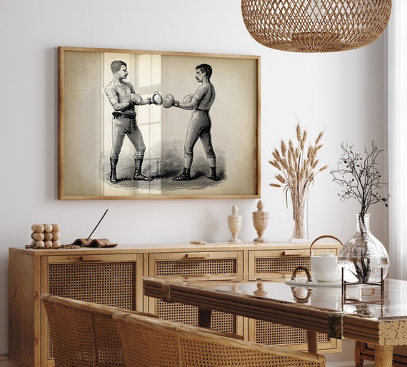Vintage Boxing Art Print: Victorian Men, Sepia Tone, Black, and white, Male Sports