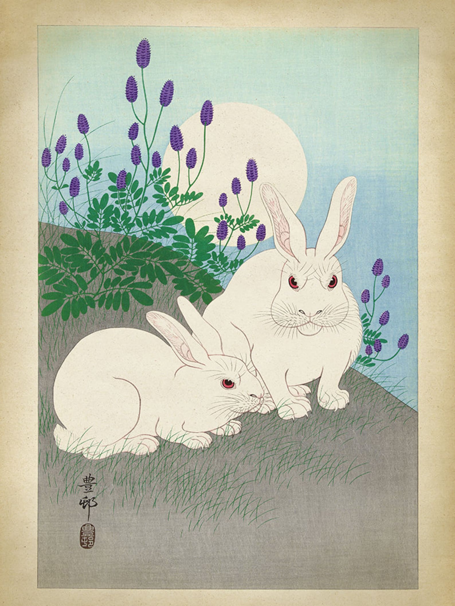 Japanese Rabbits Art Print White Hare on the Moonlight Etsy