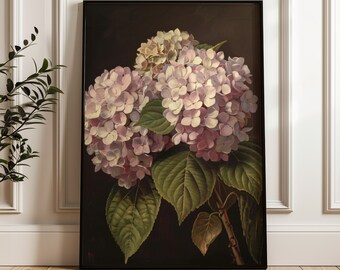 Pink Hydrangea Print: Dark Botanical Vintage Painting