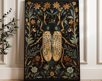 Beetle Floral Art Print: Vintage Insect Illustration, Farmhouse Decor
