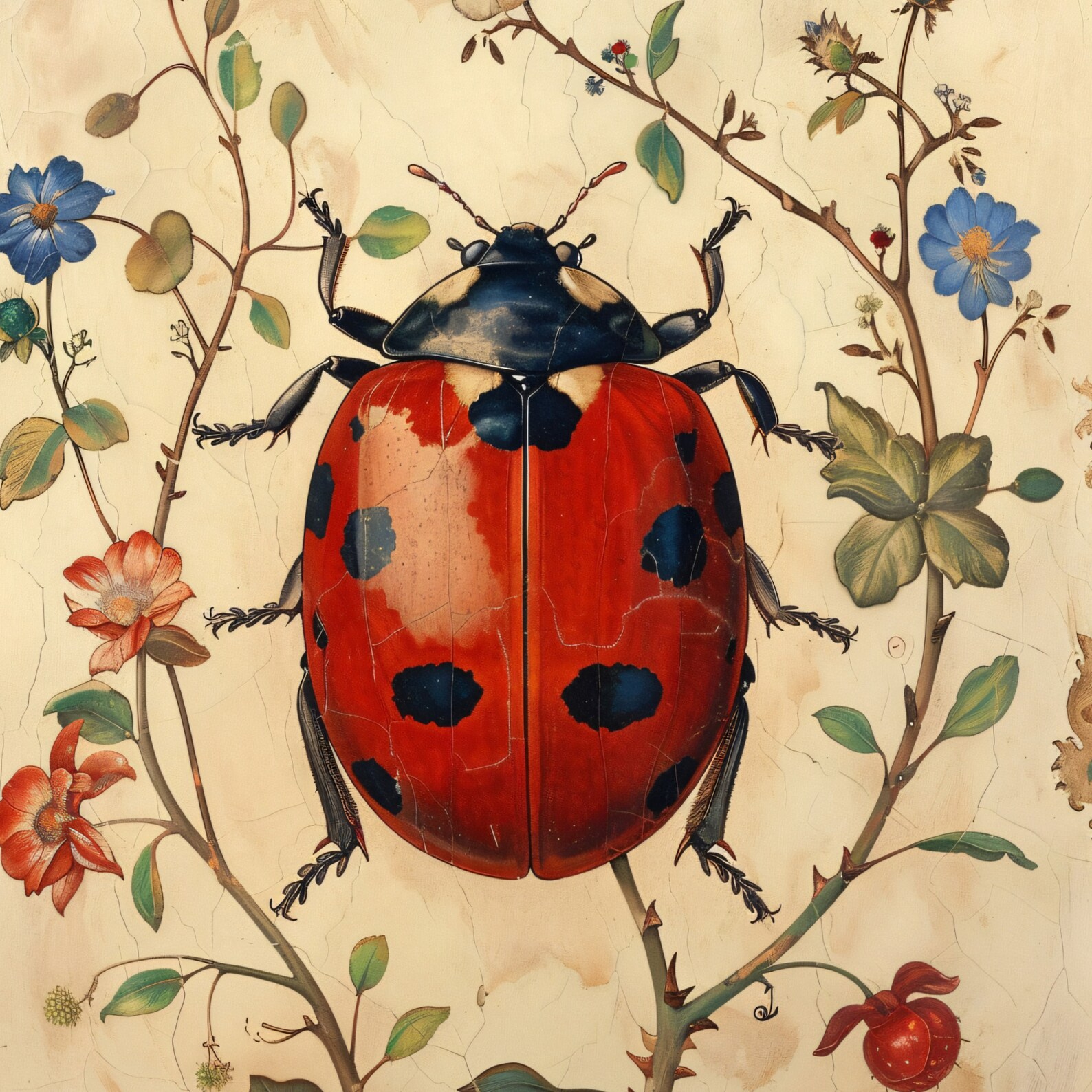 Ladybug Floral Art Print: Vintage Insect Illustration, Garden Decor - Etsy
