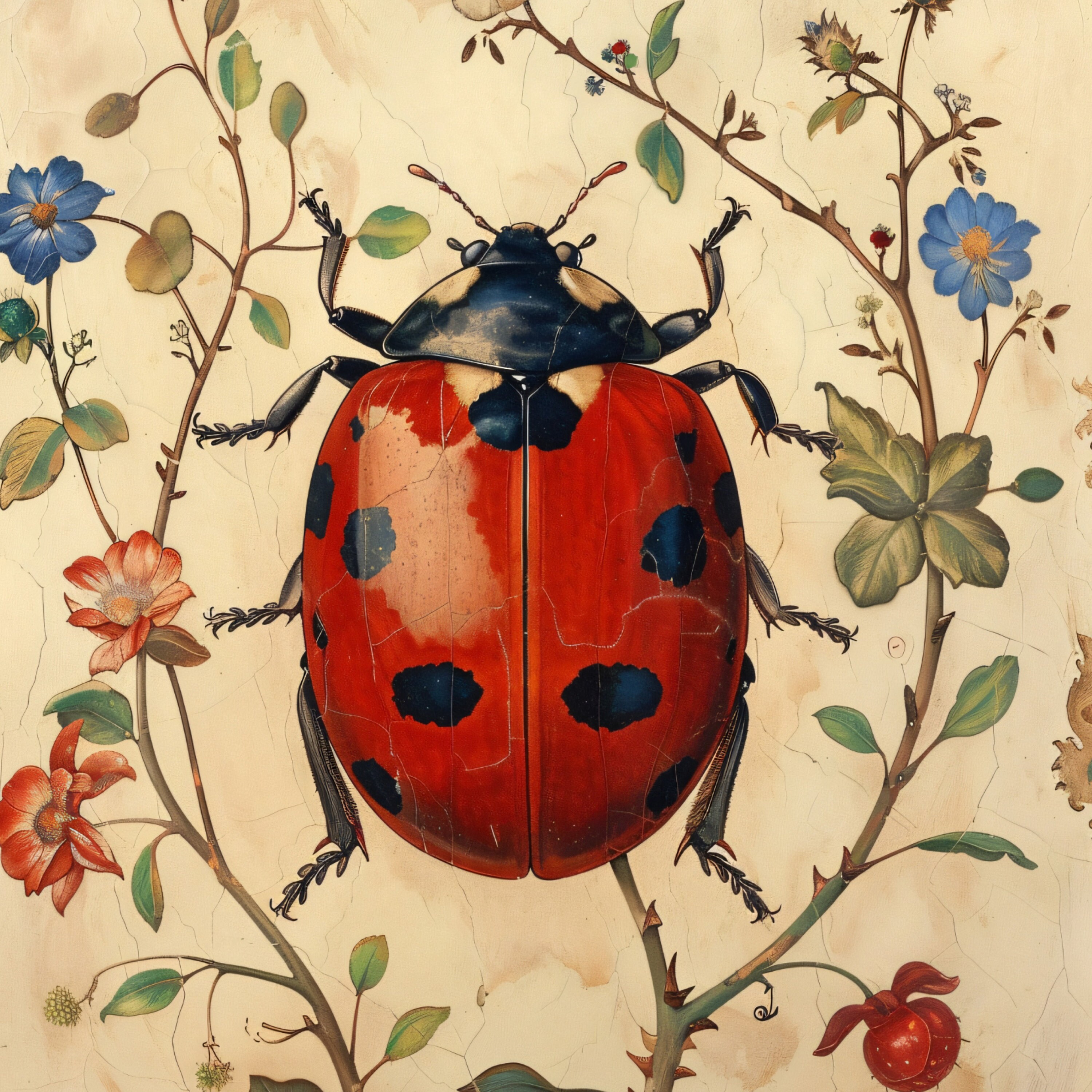 Ladybug Floral Art Print: Vintage Insect Illustration, Garden Decor - Etsy