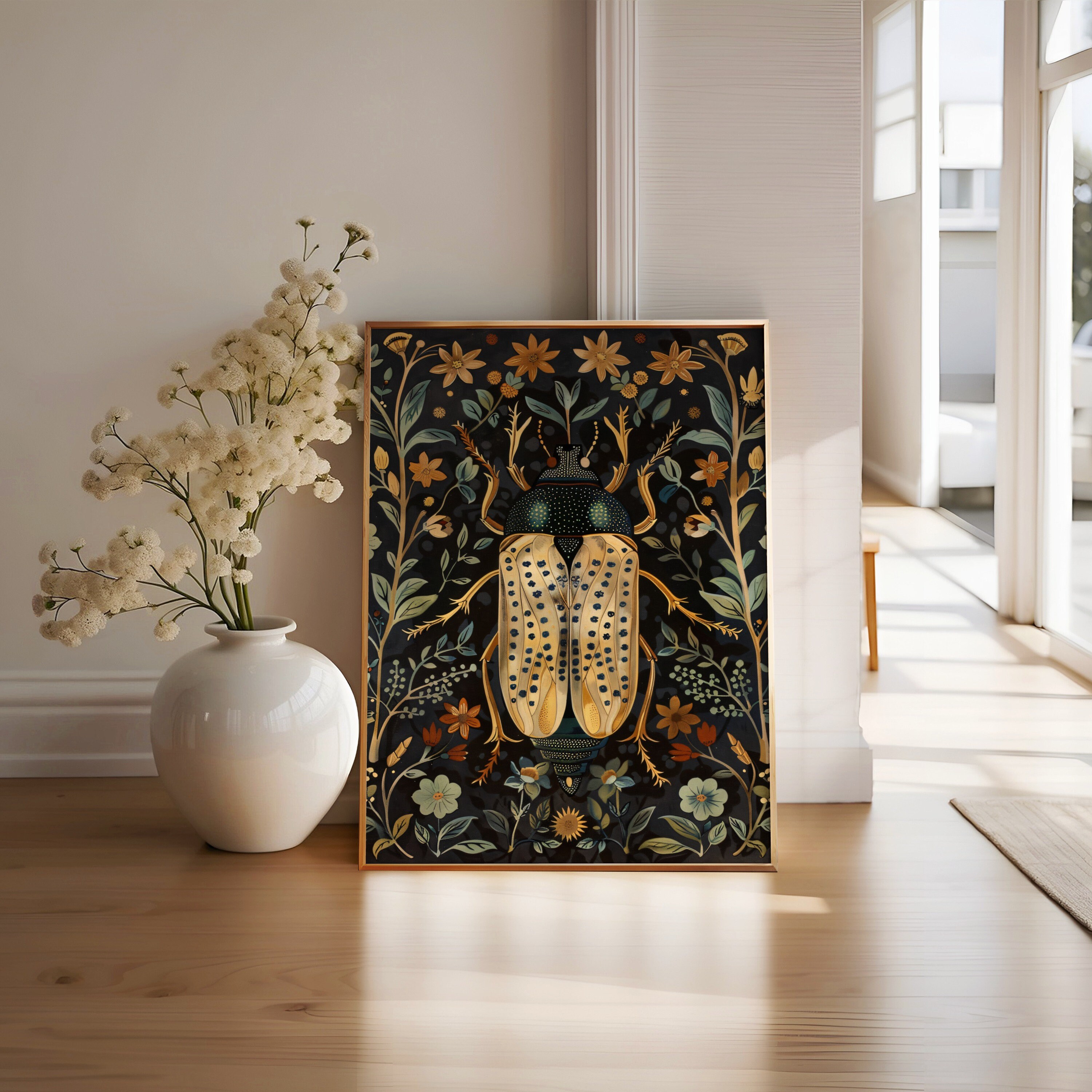 Beetle Floral Art Print: Vintage Insect Illustration, Farmhouse Decor ...