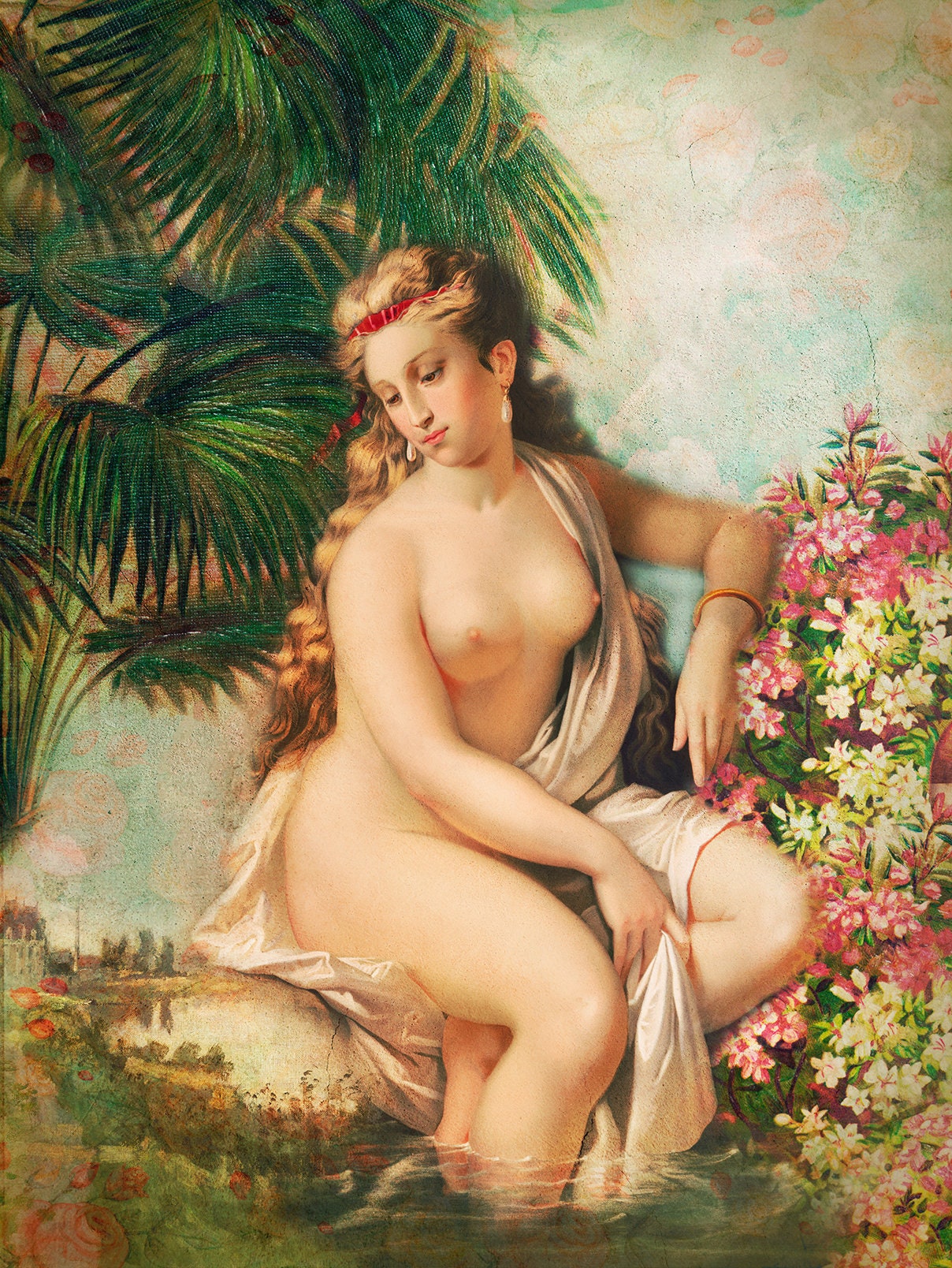 Exotic Nude Woman on the Lake Art Print Vintage Renaissance