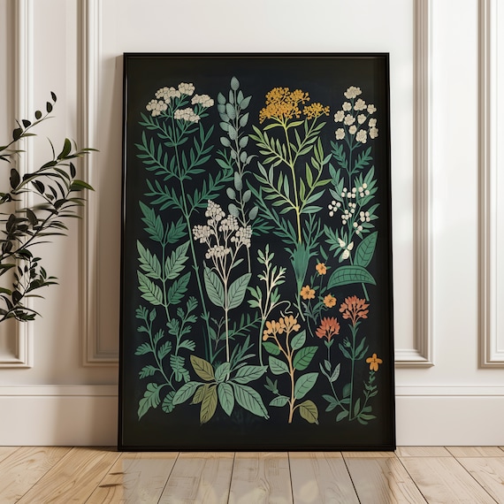Botanical Night Wildflowers Print: Vintage Cottagecore Wall Art