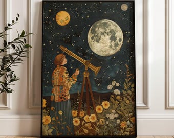 Vintage Woman Astronomer Cottagecore Print – Starry Night Moon Printed Wall Art