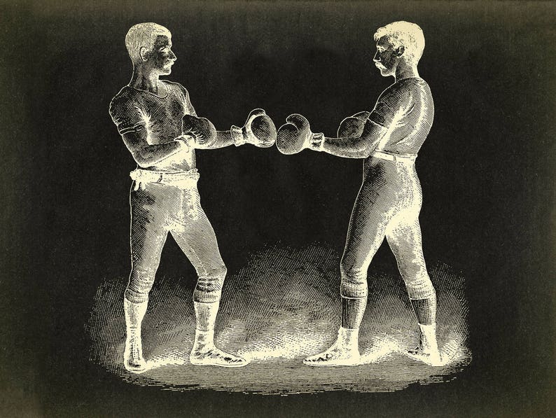 Puede incluir: Dos hombres con guantes de boxeo se enfrentan en una postura de boxeo. La imagen es en blanco y negro y tiene un aspecto vintage.