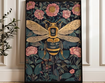 Floral Bee Poster: Vintage Entomology Art Print, Farmhouse Decor