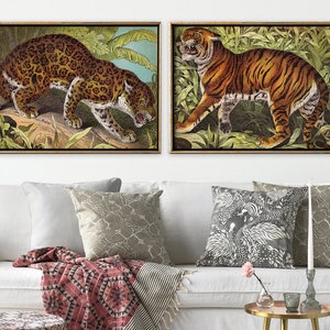 TIGER and Leopard print SET of 2 Art Prints, Wild Cats, Animal Poster Set, Tiger Print, Leopard Print, Leopard Poster, Vintage