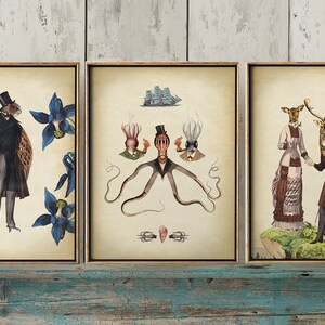 ANIMAL RETRAIT Print SET de 3, Top Hat Octopus Portrait Art Print, Dressed Owl Portrait Print, Victorian Clothes Deer Portrait Wall Art,