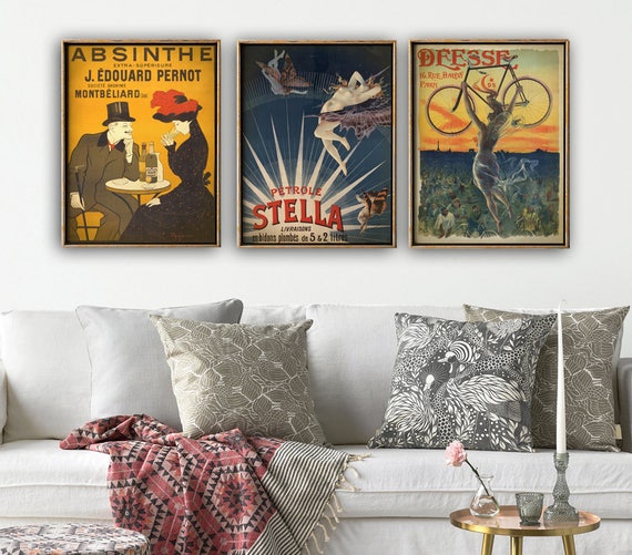 Art Nouveau Print Set: Vintage Absinthe, Floral, Bike Posters (12x16 in)