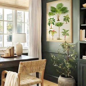 Puede incluir: Una oficina en casa con una pared verde oscuro, una gran impresi&oacute;n bot&aacute;nica enmarcada de palmeras, un escritorio de madera con una l&aacute;mpara, una silla tejida y una planta en maceta en una maceta de terracota.