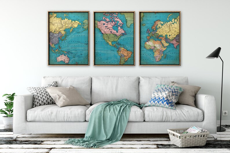 WORLD MAP Print SET of 3 Wall Triptych Room Decor World Etsy