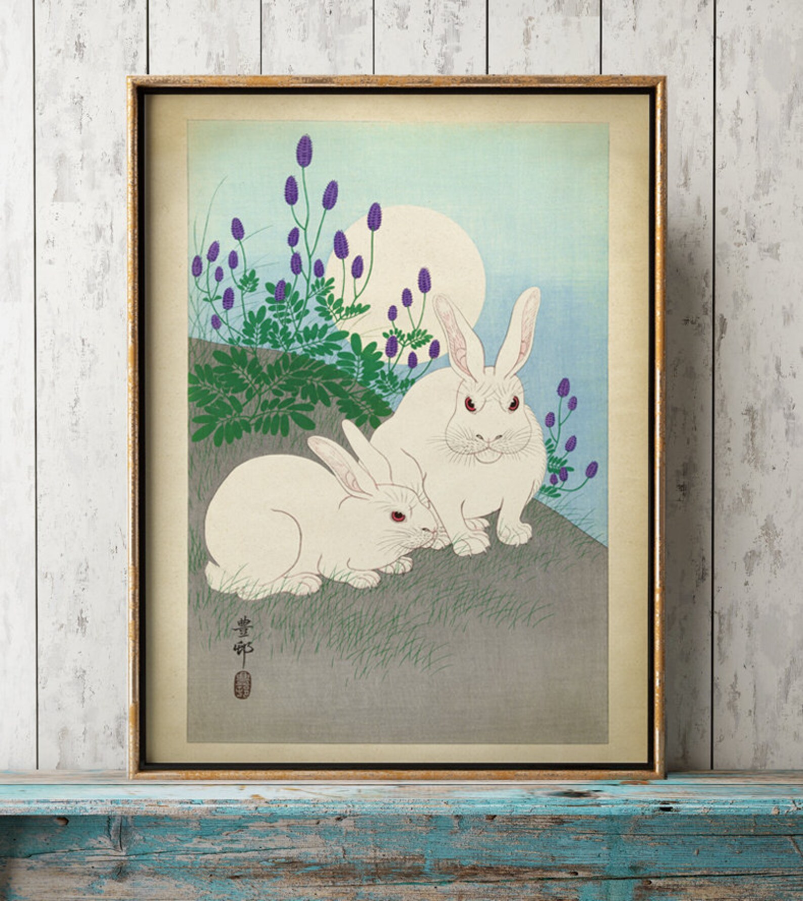 Japanese Rabbits Art Print White Hare on the Moonlight Etsy