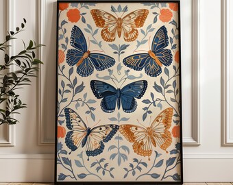Art Nouveau Butterfly Print: Blue & Orange Floral Wall Decor