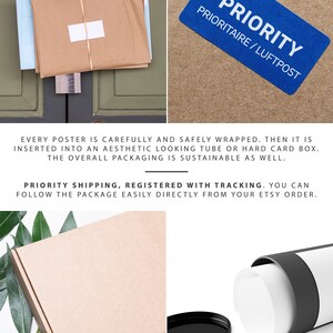 May include: A brown cardboard box with the text "SHIPPING FROM USA AND EU" printed on the bottom. The box is surrounded by green leaves. A blue sticker with the text "PRIORITY PRIORITAIRE/LUFTPOST" is on a brown surface. A brown envelope with a white label is on a green door.