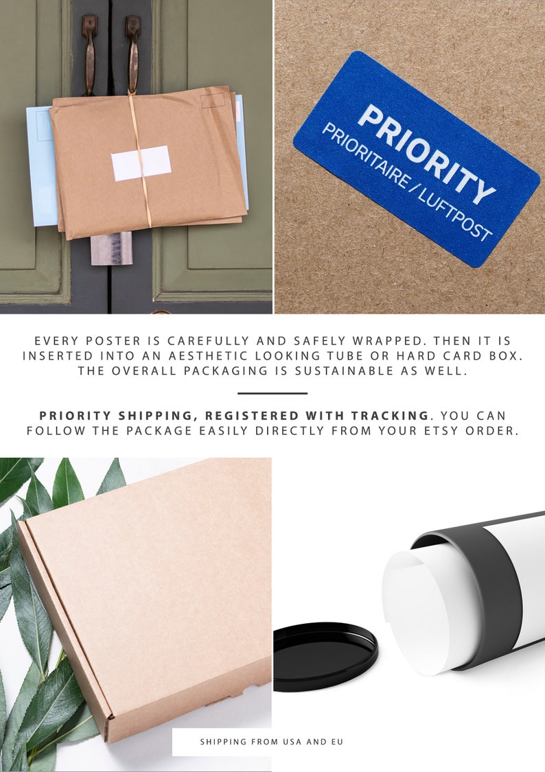 May include: A brown cardboard box with the text "SHIPPING FROM USA AND EU" printed on the bottom. The box is surrounded by green leaves. A blue sticker with the text "PRIORITY PRIORITAIRE/LUFTPOST" is on a brown surface. A brown envelope with a white label is on a green door.