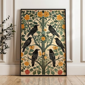 Arte del corvo, Corvi in un albero floreale, Motivo floreale decorativo, Stile vintage, Design Art Nouveau, Arredamento per la casa, Corvo e fiori. Arte spedita