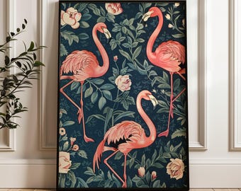 William Morris Style Flamingos Print – Vintage Boho printed Wall Art