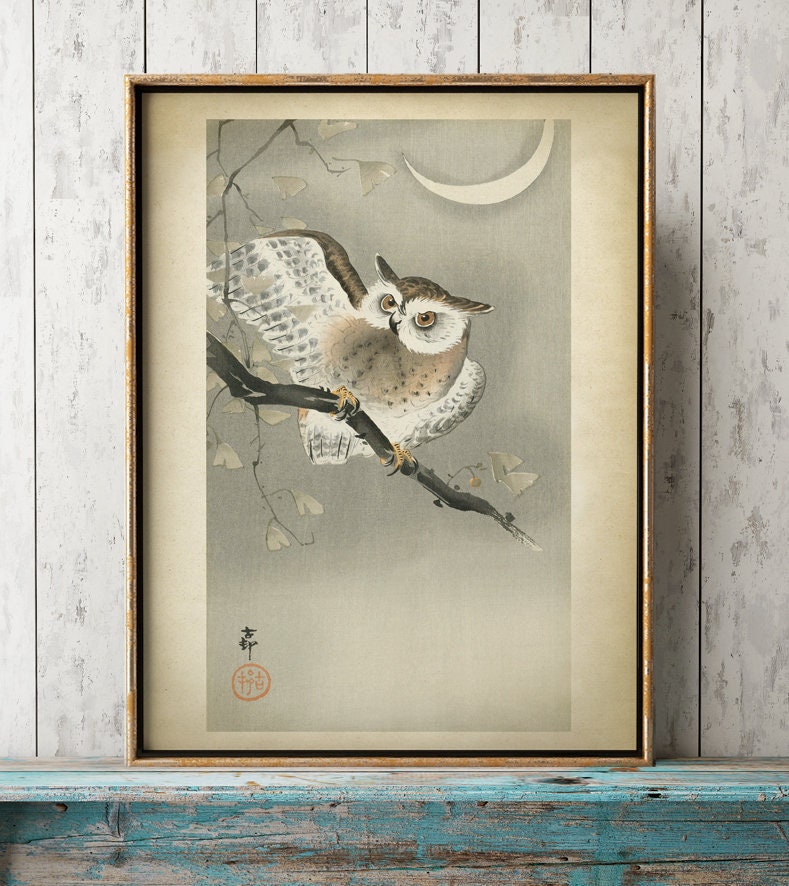 Japanese Owl Art Print, Night Owl Poster, Owl on a Tree