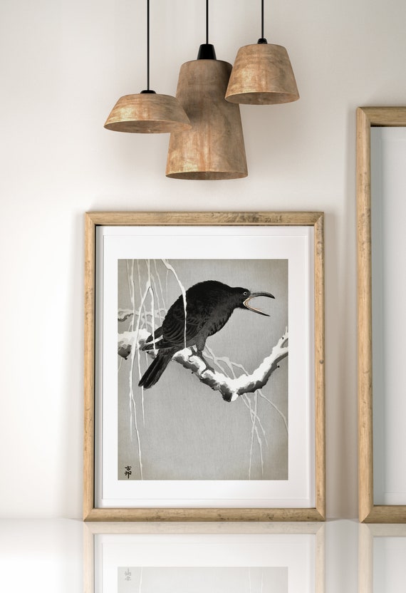 Japanese Crow Art Print: Snowy Branch, Vintage Wood Block Style - Etsy