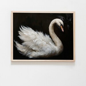 May include: A framed painting of a white swan with its wings spread out against a black background.