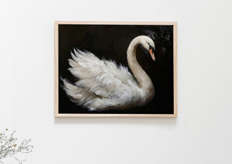 May include: A framed painting of a white swan with its wings spread out against a black background.