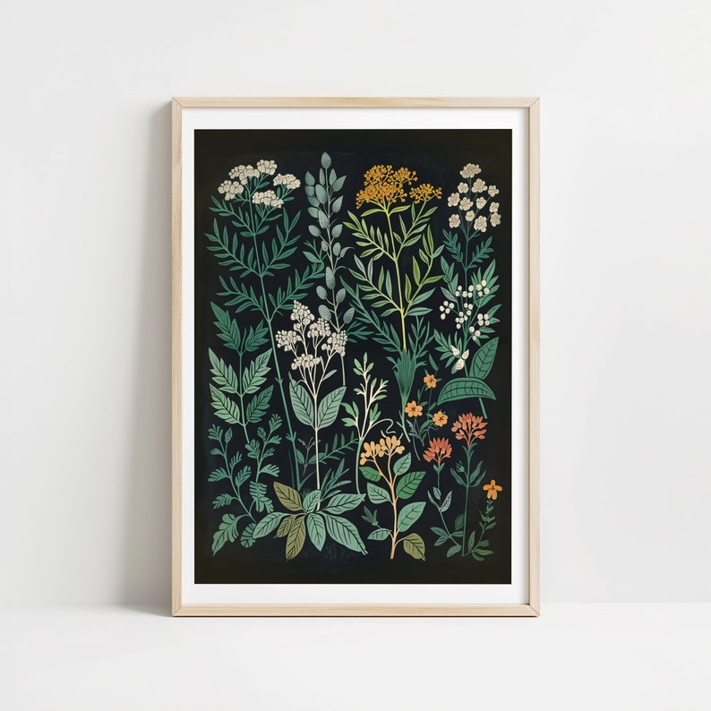 May include: A framed botanical illustration featuring a variety of green, white, and orange flowers on a black background.