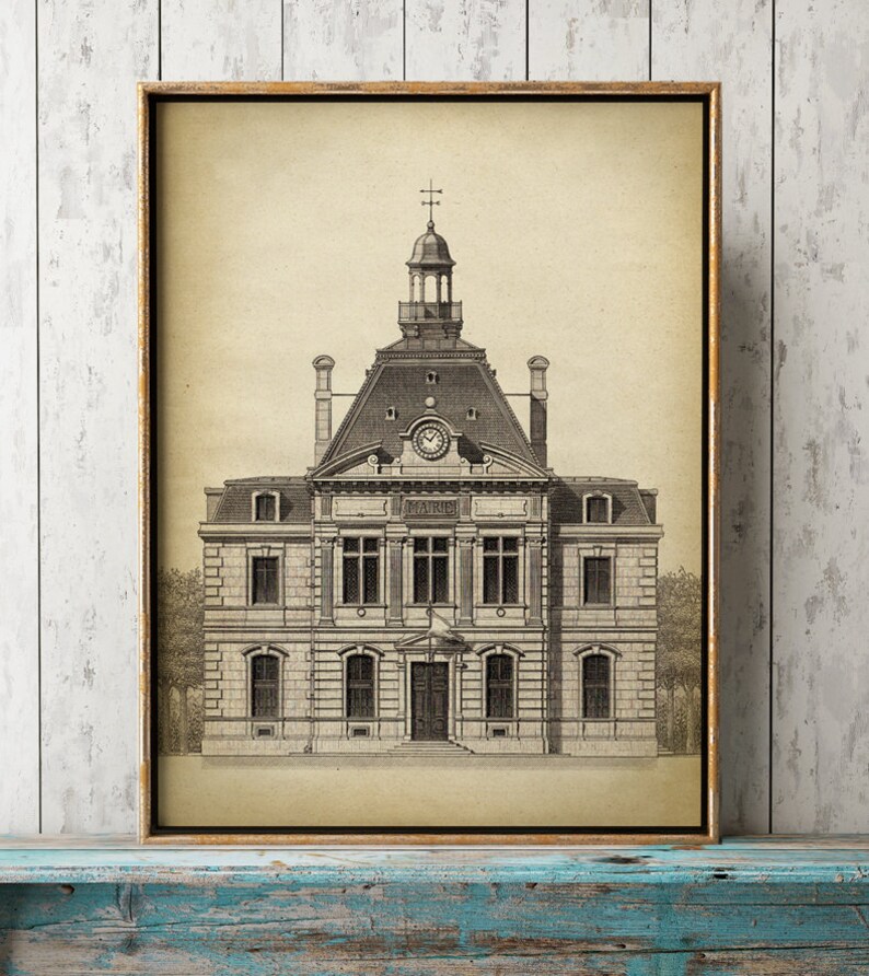 Op de afbeelding: Een zwart-witte lijntekening van een Frans gebouw met een klokkentoren en het woord "MAIRIE" boven de ingang.