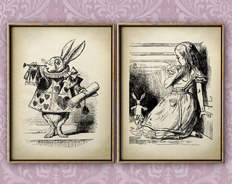 ALICE in Wonderland print SET of 2, Alice in Wonderland poster, children illustration wall decor, fantasy rabbit print, children