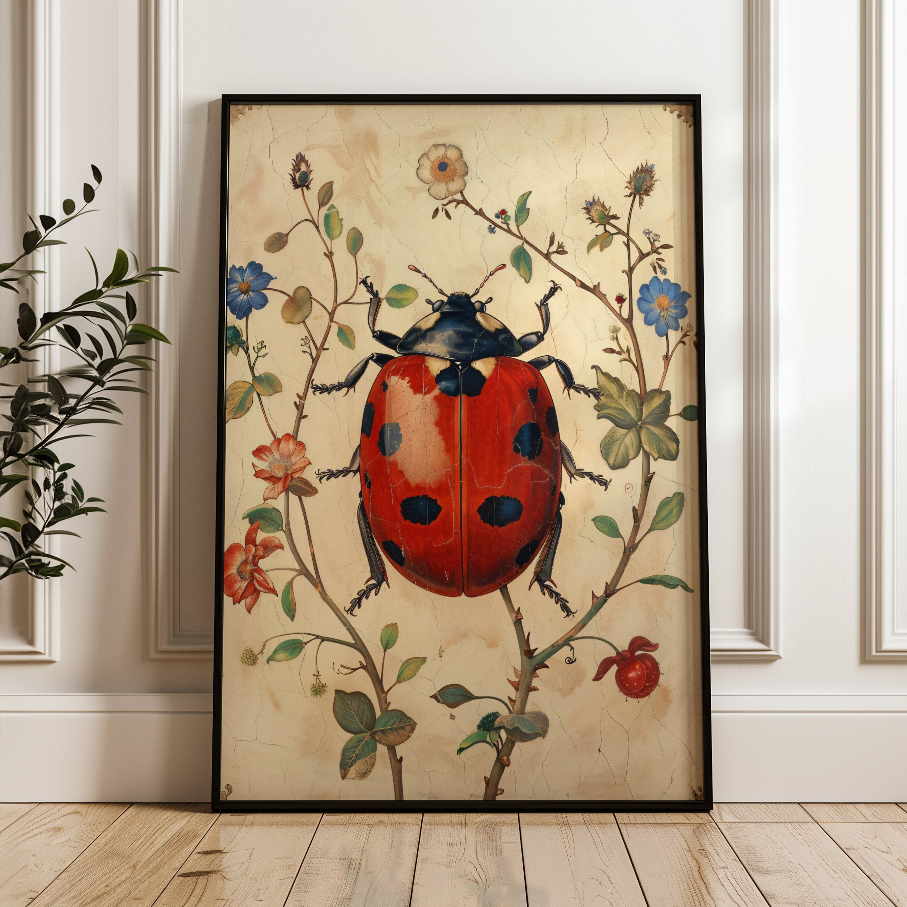 Ladybug Floral Art Print: Vintage Insect Illustration, Garden Decor - Etsy
